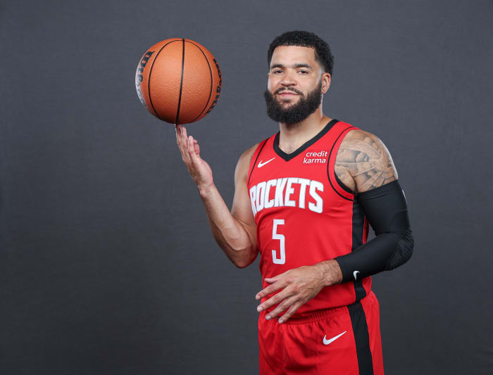Rockets guard Fred VanVleet (5) poses for a picture at Rockets media day at Toyota Center.